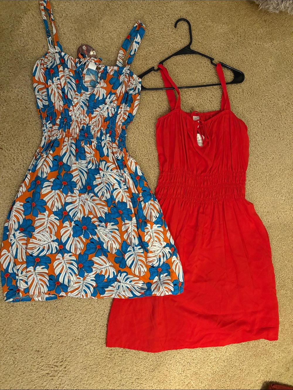 Casual Red Smocked Mini Dress with Tie Detail